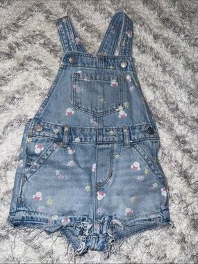 2/3 Gap Disney Girls' Light Blue Denim Short Overalls with Floral Print